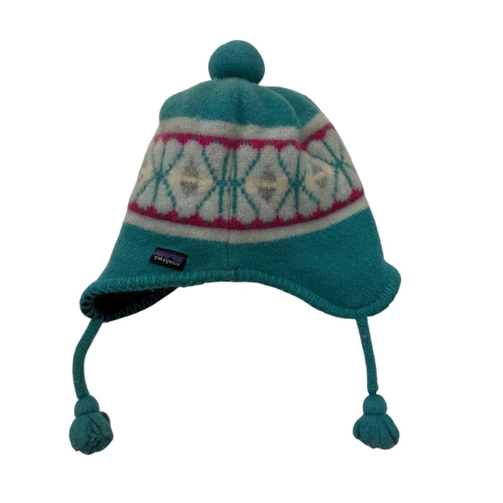 Patagonia Kids Wooly Hat Teal Fair Isle‎ Knit Fleece Lined Earflap Beanie Hat